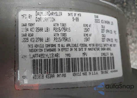 2000 Jeep Cherokee Sport из США, поврежденный, VIN 1J4FF48S1YL131481